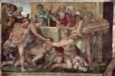 Deckenfresko der Sixtinischen Kapelle: Das Opfer Noahs (vor der Restaurierung)